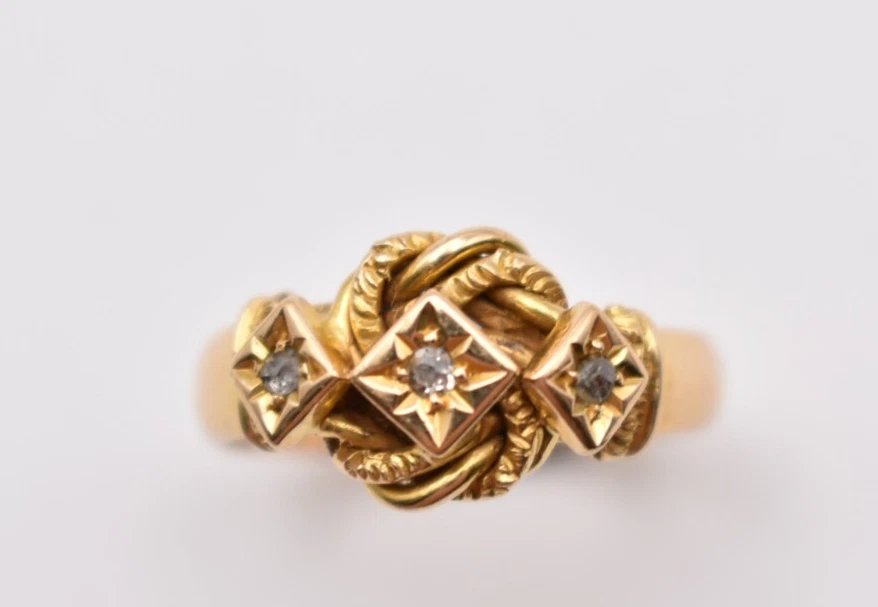 Victorian 18ct Gold Lover’s Knot Ring Set With Three Diamonds Hm. Wl B/ham 1894-photo-3