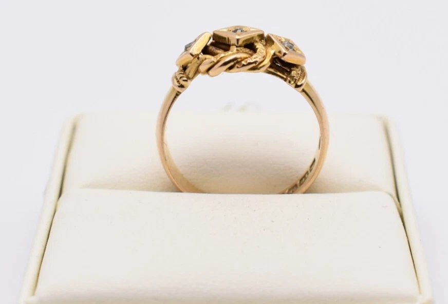 Victorian 18ct Gold Lover’s Knot Ring Set With Three Diamonds Hm. Wl B/ham 1894-photo-2