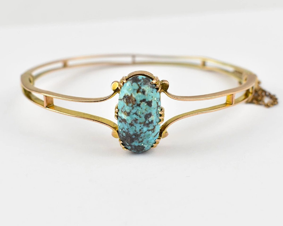 Antique Edwardian 9ct Yellow Gold Turquoise Bangle C.1900 Solid 9ct Yellow Gold-photo-2