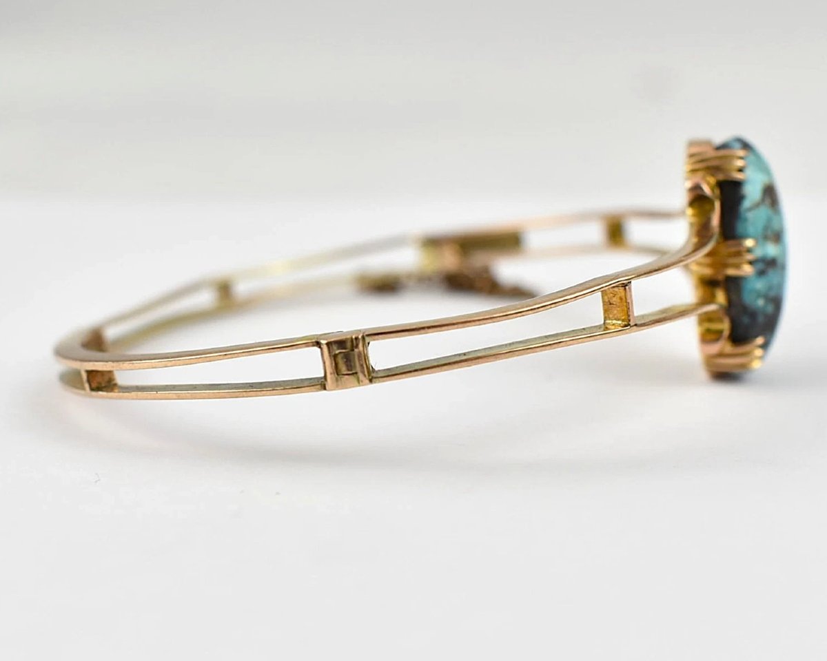 Antique Edwardian 9ct Yellow Gold Turquoise Bangle C.1900 Solid 9ct Yellow Gold-photo-3