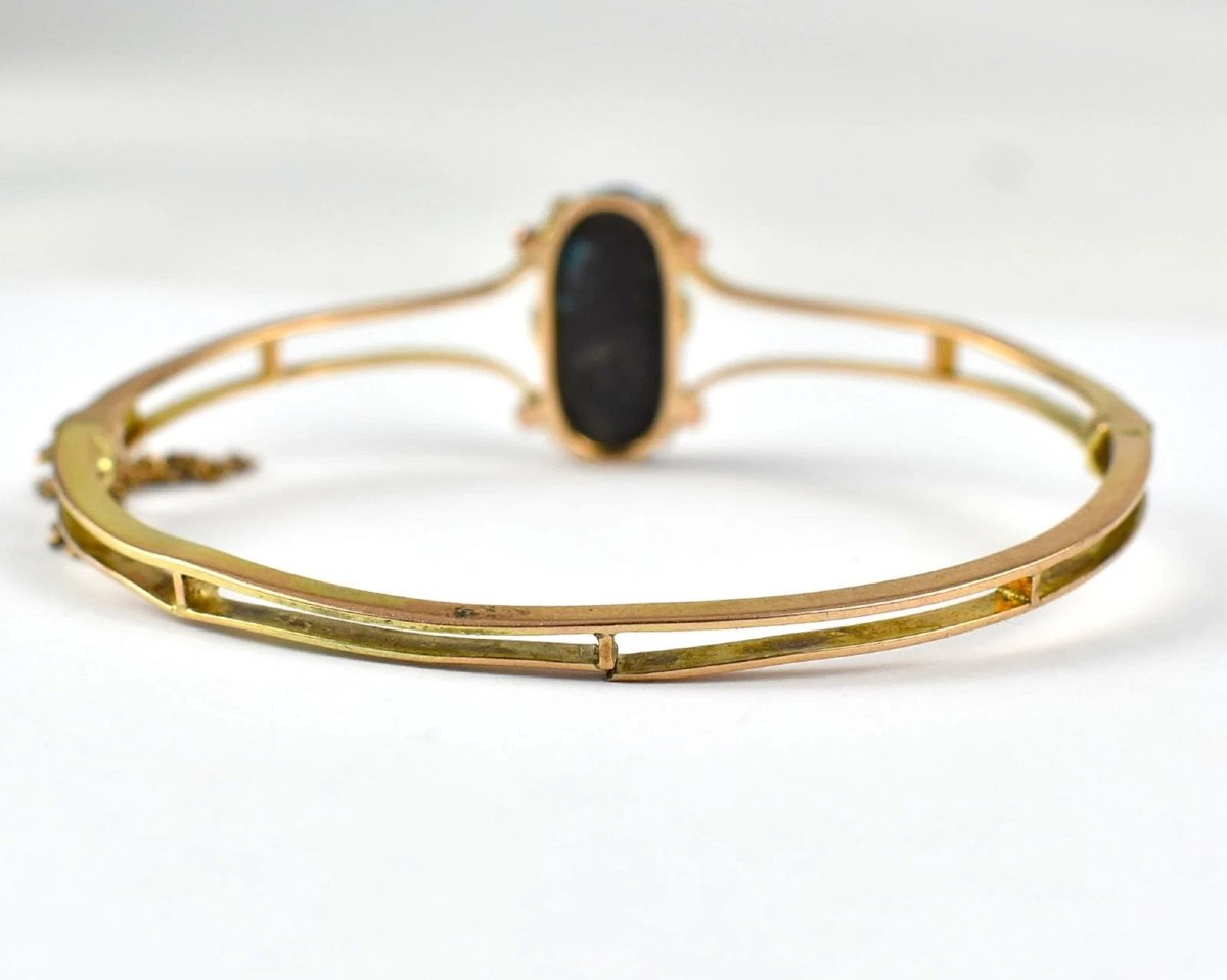 Antique Edwardian 9ct Yellow Gold Turquoise Bangle C.1900 Solid 9ct Yellow Gold-photo-4