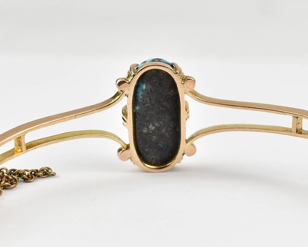 Antique Edwardian 9ct Yellow Gold Turquoise Bangle C.1900 Solid 9ct Yellow Gold-photo-1