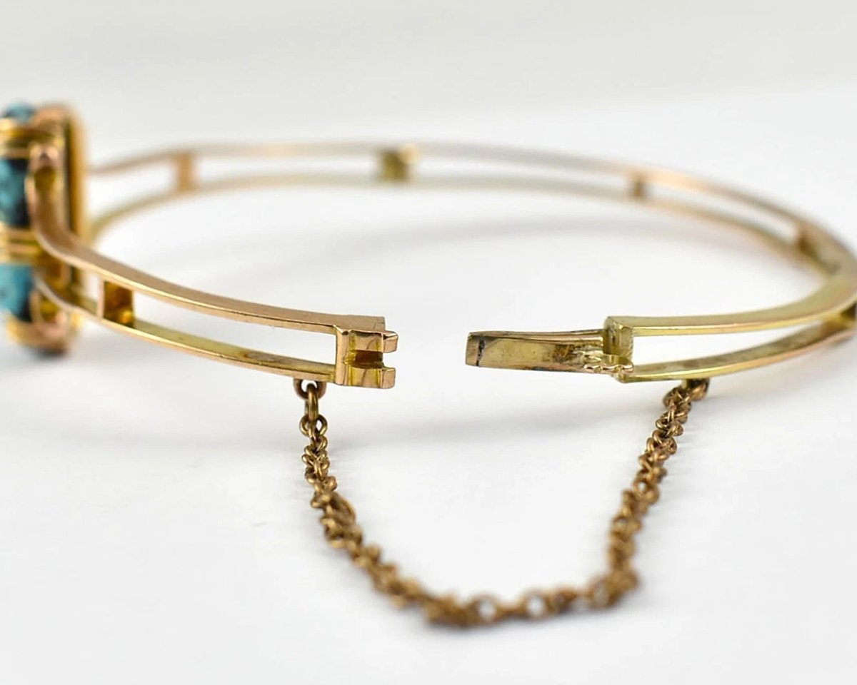 Antique Edwardian 9ct Yellow Gold Turquoise Bangle C.1900 Solid 9ct Yellow Gold-photo-2