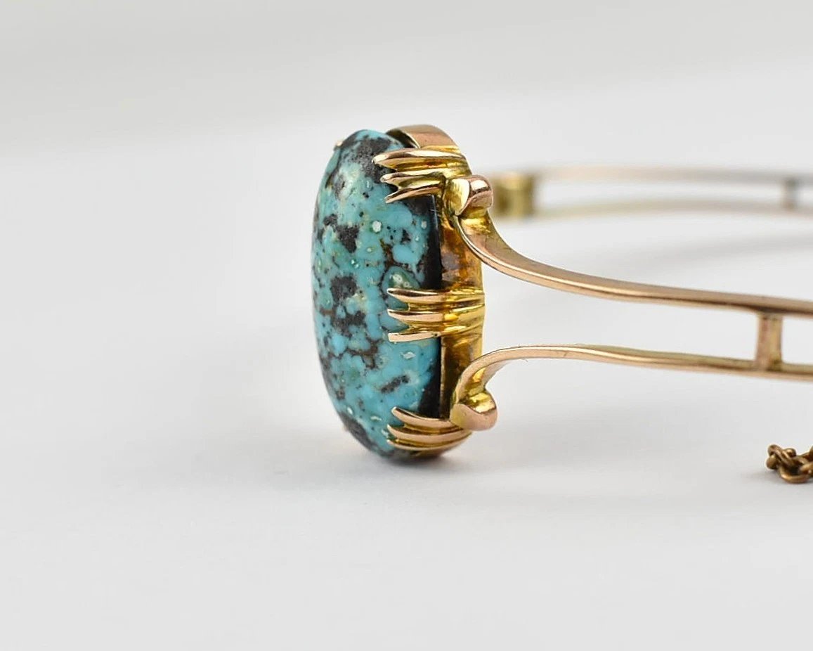 Antique Edwardian 9ct Yellow Gold Turquoise Bangle C.1900 Solid 9ct Yellow Gold-photo-3