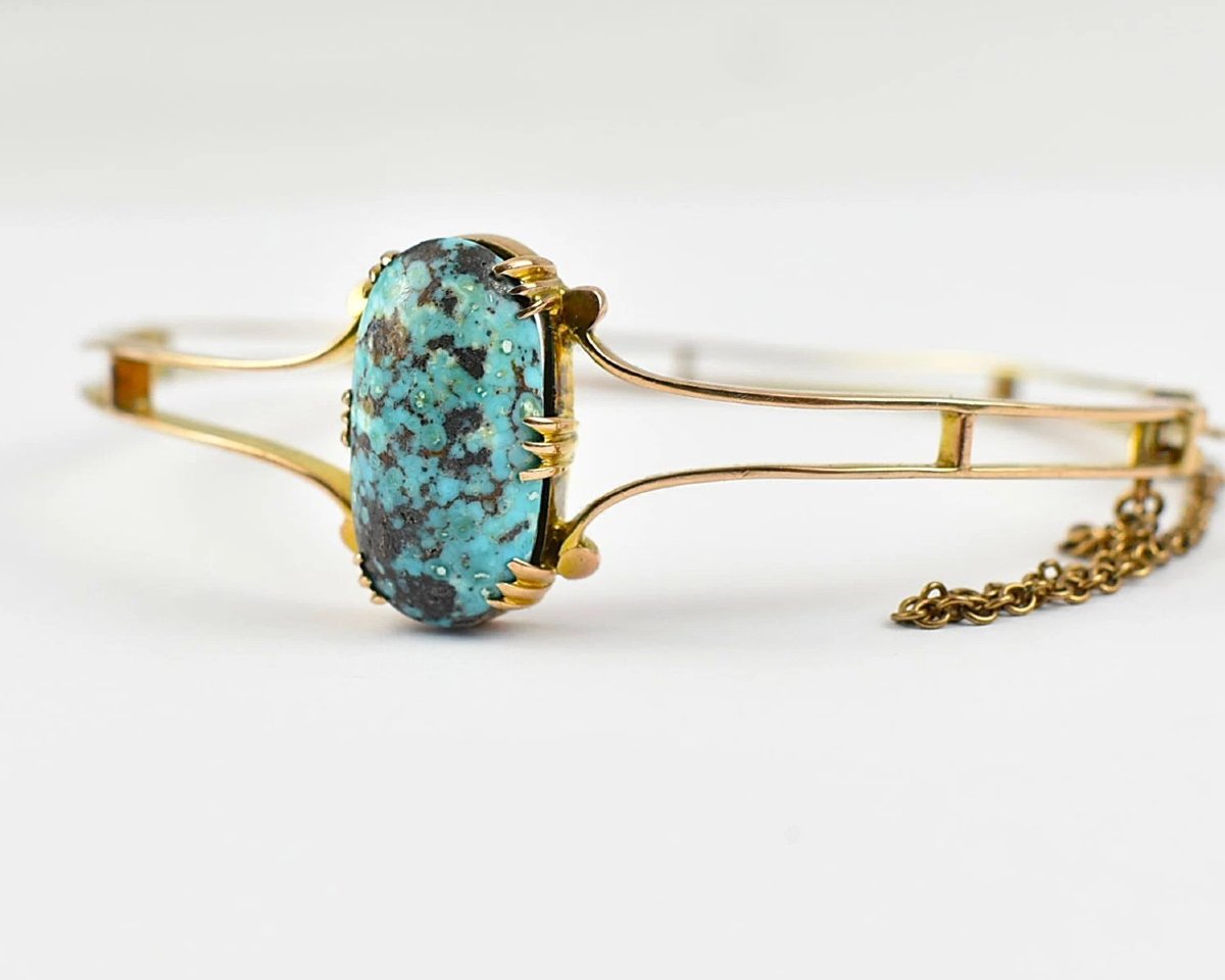 Antique Edwardian 9ct Yellow Gold Turquoise Bangle C.1900 Solid 9ct Yellow Gold-photo-4