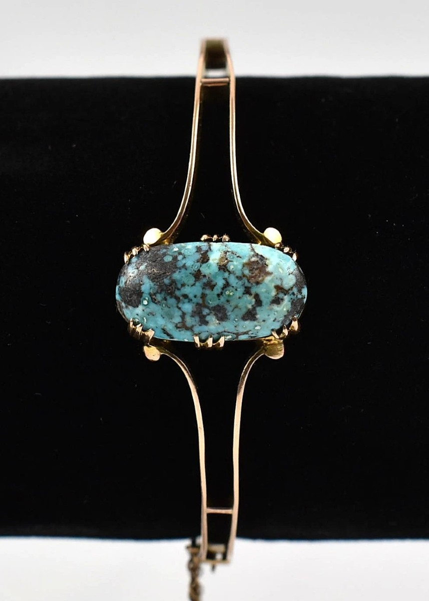Antique Edwardian 9ct Yellow Gold Turquoise Bangle C.1900 Solid 9ct Yellow Gold