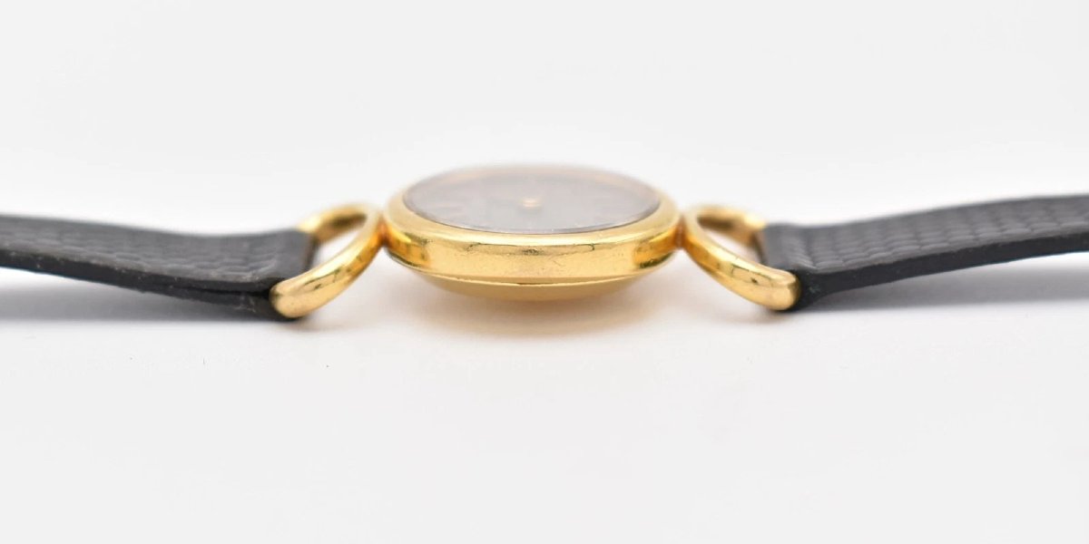 Vintage Mid Century Baume Mercier 18ct Yellow Gold Ladies Watch On Black Strap-photo-1