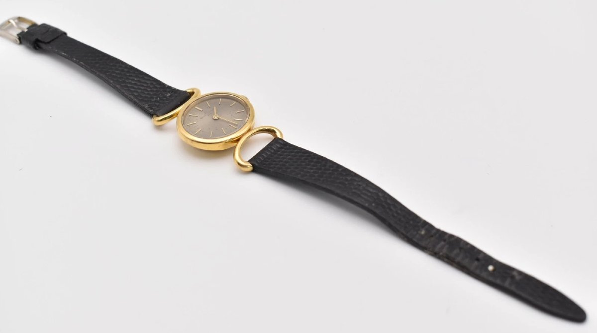 Vintage Mid Century Baume Mercier 18ct Yellow Gold Ladies Watch On Black Strap-photo-2