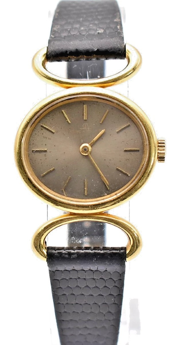 Vintage Mid Century Baume Mercier 18ct Yellow Gold Ladies Watch On Black Strap