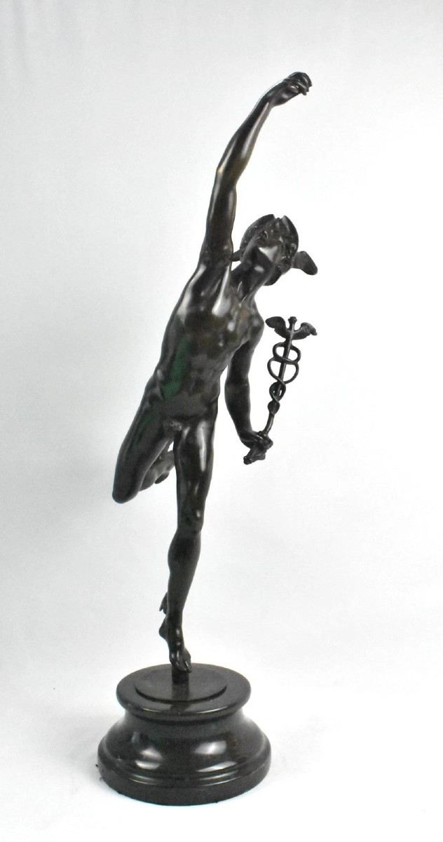 After Giovanni Bologna – Bronze Mercury Sculpture On Stone & Bronze Base 19th C