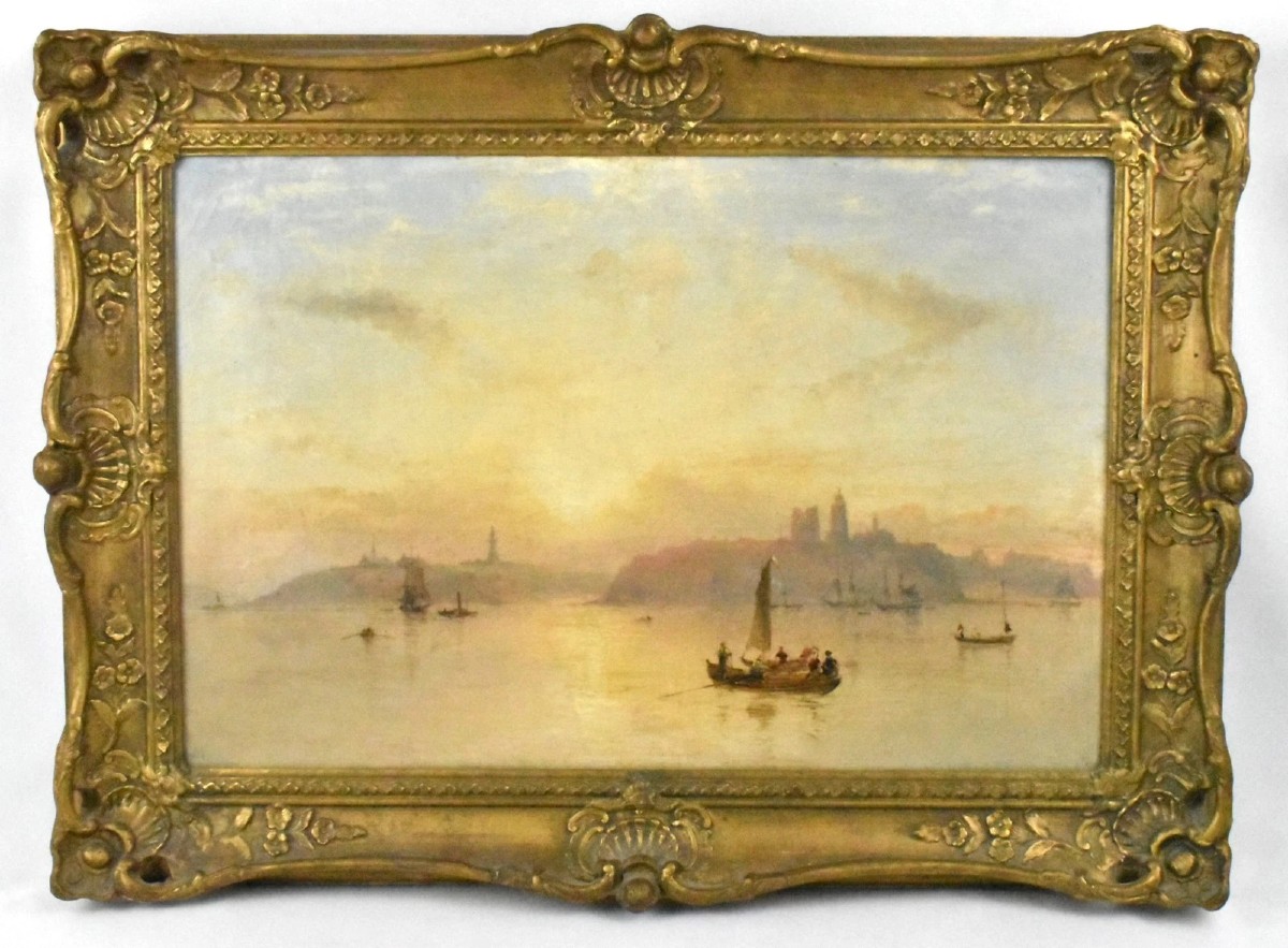 Élégant tableau encadré représentant un paysage aquatique – Coucher de soleil serein avec batea