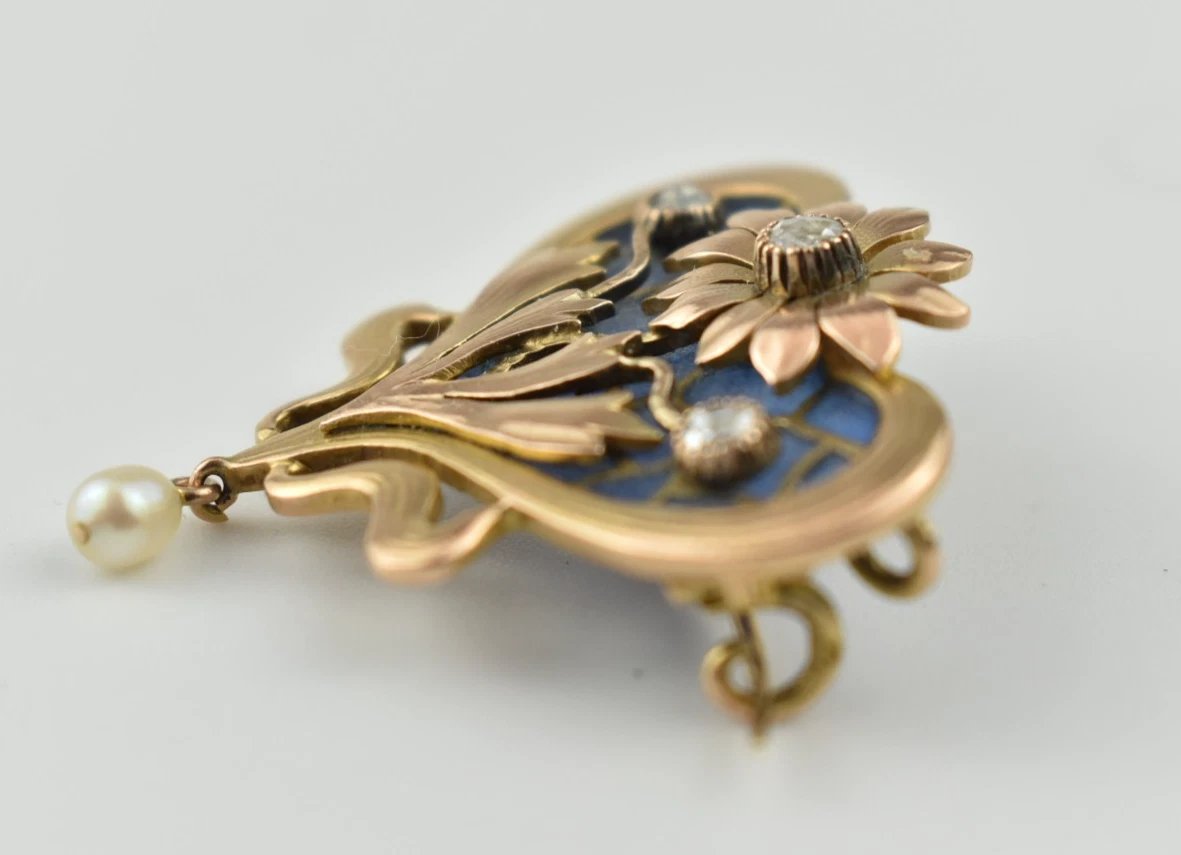 Art Nouveau Plique A Jour Enamel 18ct Gold Heart-shaped Brooch Diamonds & Pearl-photo-2