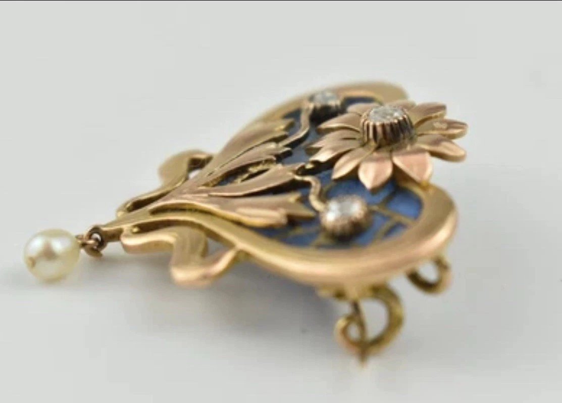 Art Nouveau Plique A Jour Enamel 18ct Gold Heart-shaped Brooch Diamonds & Pearl-photo-3