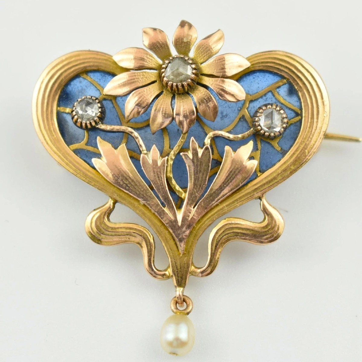 Art Nouveau Plique A Jour Enamel 18ct Gold Heart-shaped Brooch Diamonds & Pearl