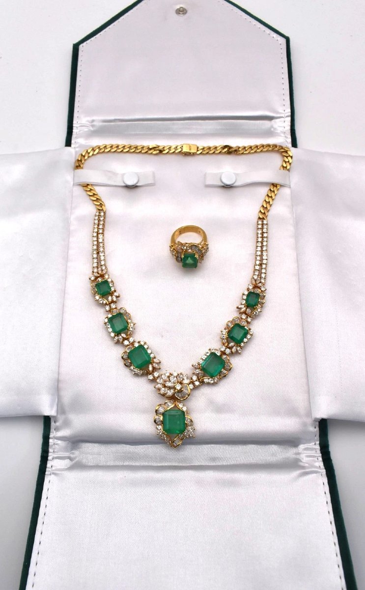 18kt Yellow Gold Set Fine Columbian Emerald & Diamond Drop Neckchain-photo-8