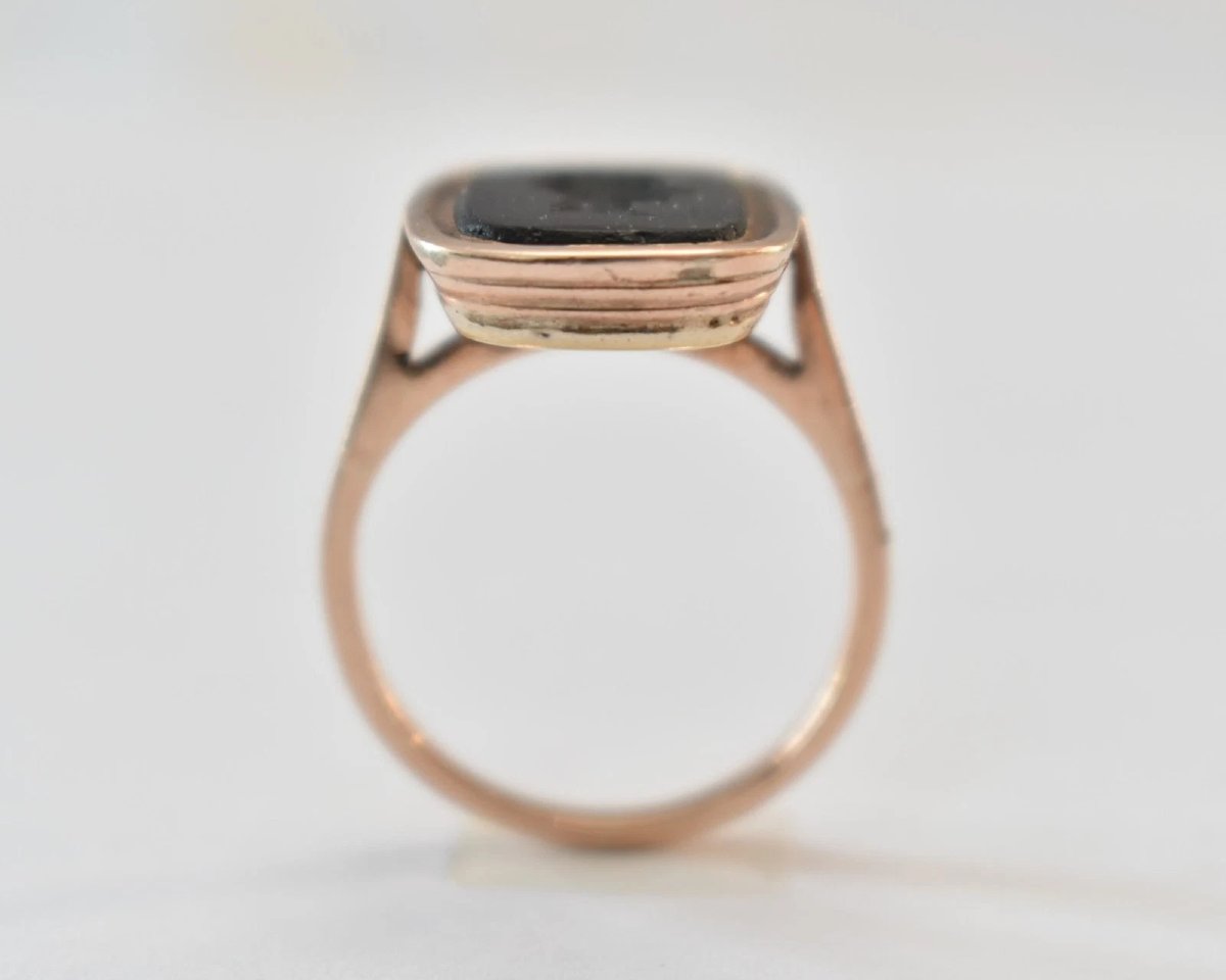 Victorian Solid 9ct Yellow Gold Black Onyx Pressed Cameo Signet Ring-photo-3