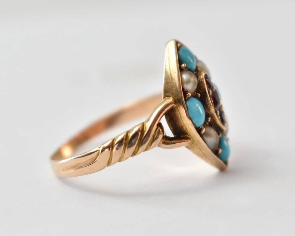 Antique 18ct Yellow Gold Turquoise, Seed Pearl & Ruby Cluster Ring-photo-3