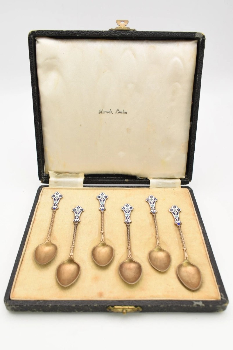 Cased Harrods London Set Of 6 David Andersen Silver Enamel Spoons Norway Ca 1900