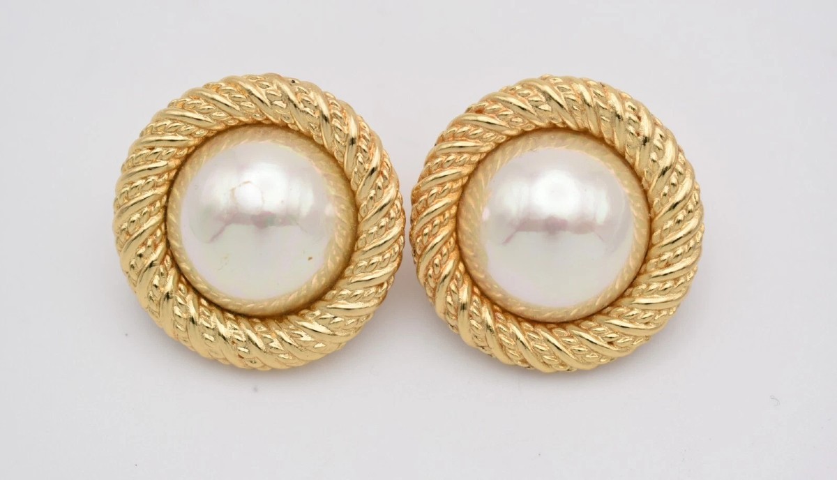 Vintage Christian Dior Large Faux Pearl Gold Plated Clip-on Earrings