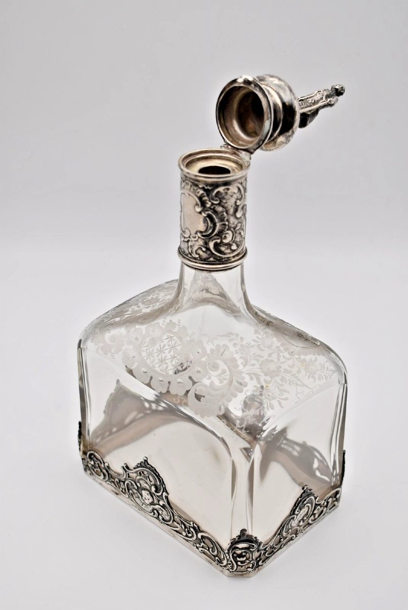 Antique Silver Mounted Glass Decanter – Figurine Top & Floral Etching – 24cm-photo-8