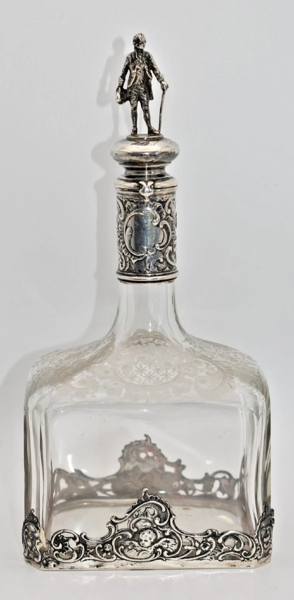 Antique Silver Mounted Glass Decanter – Figurine Top & Floral Etching – 24cm