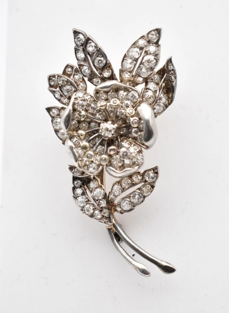 Antique 1920s Old Cut Diamond Spray Brooch 3.50ct Silver On 18ct Gold 16.4g-photo-2