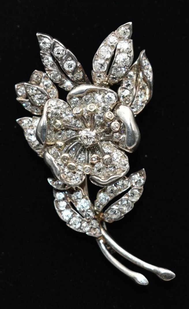 Antique 1920s Old Cut Diamond Spray Brooch 3.50ct Silver On 18ct Gold 16.4g