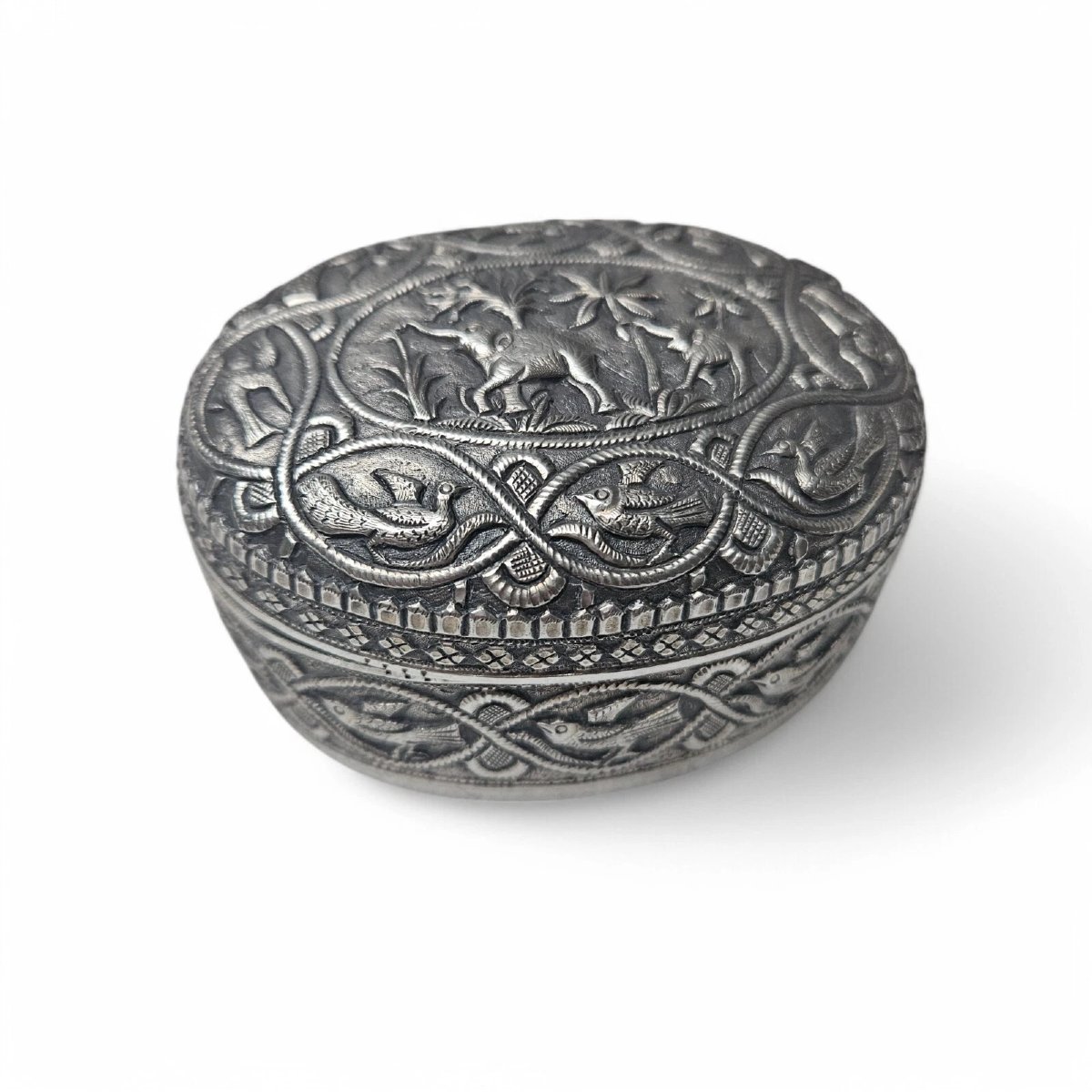 Antique Indian Asian Eastern Silver Ornater Box. Beautiful Detail. Trinket.-photo-4