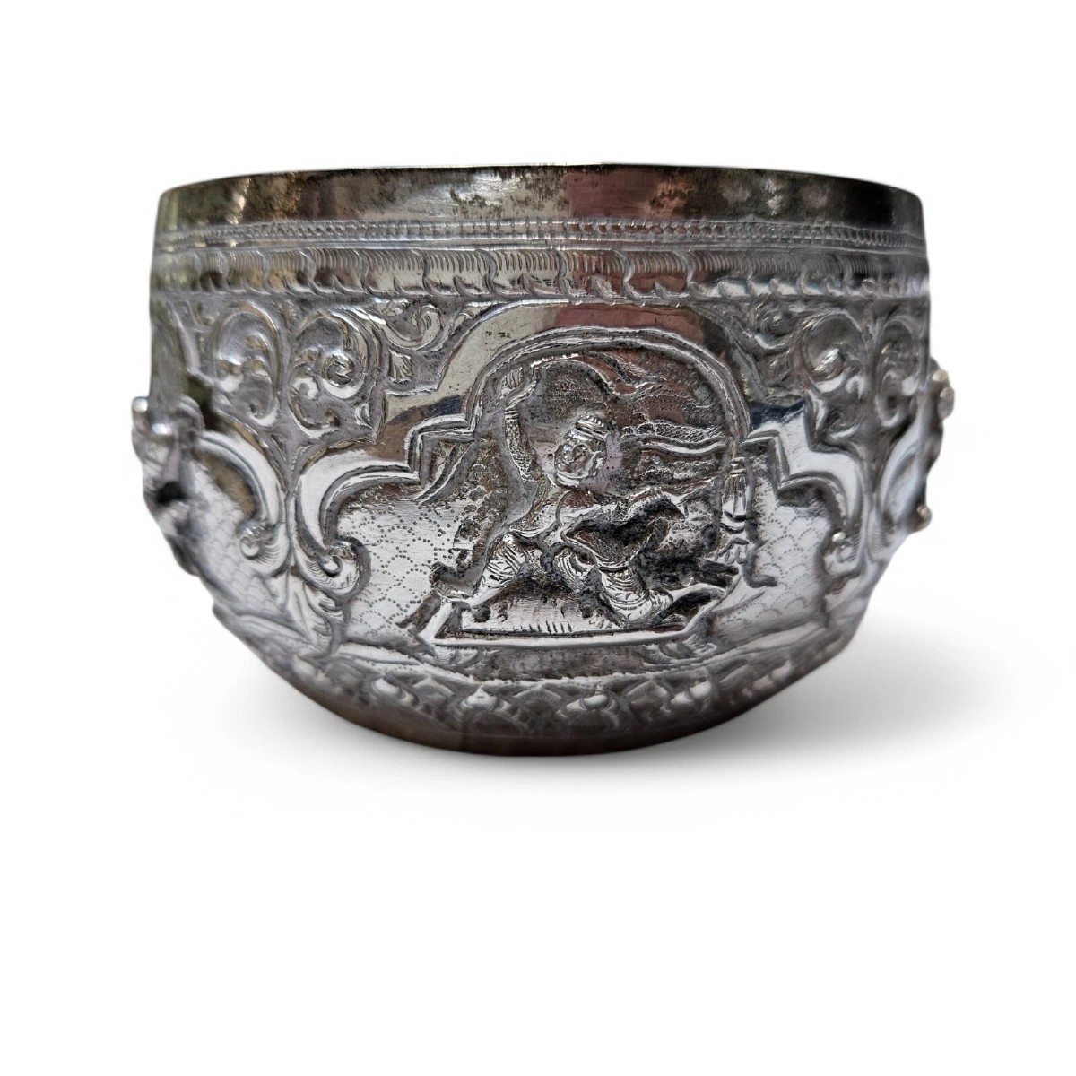 Antique Solid Silver Repoussé Bowl – Intricate Hand-chased Figures – Southeast A