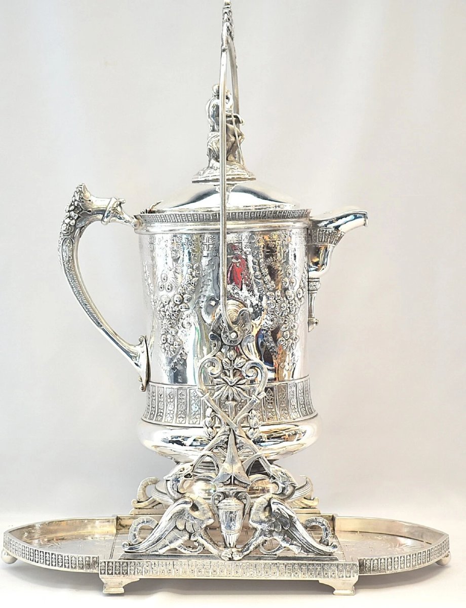 A Huge Elaborate Engraved, Embossed - With Figurines Tilting Pitcher With Stand-photo-3