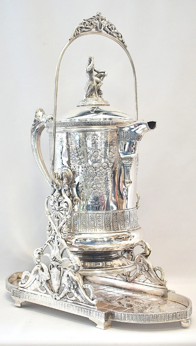 A Huge Elaborate Engraved, Embossed - With Figurines Tilting Pitcher With Stand