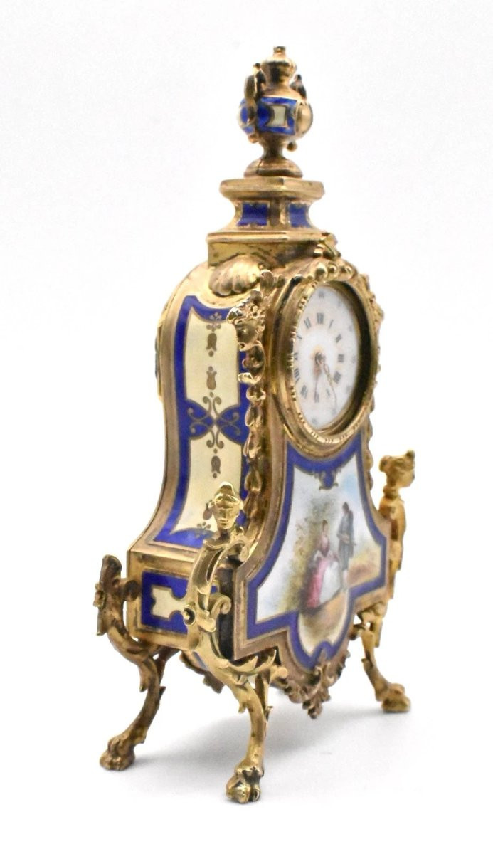 Horloge miniature ancienne française en vermeil doré et émail, vers 19e siècle-photo-4