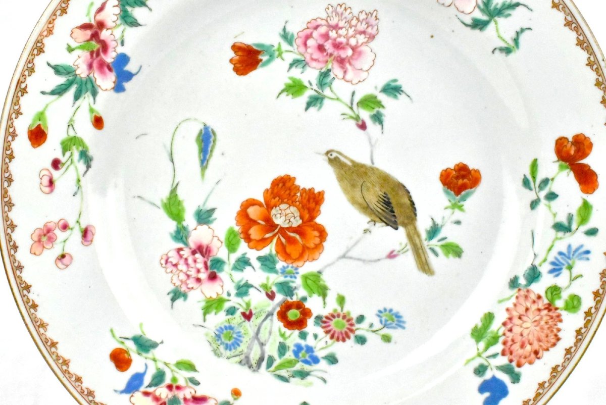 Assiette ancienne chinoise Famille Rose Qing | Motifs oiseaux et fleurs, XVIIIe siècle-photo-2