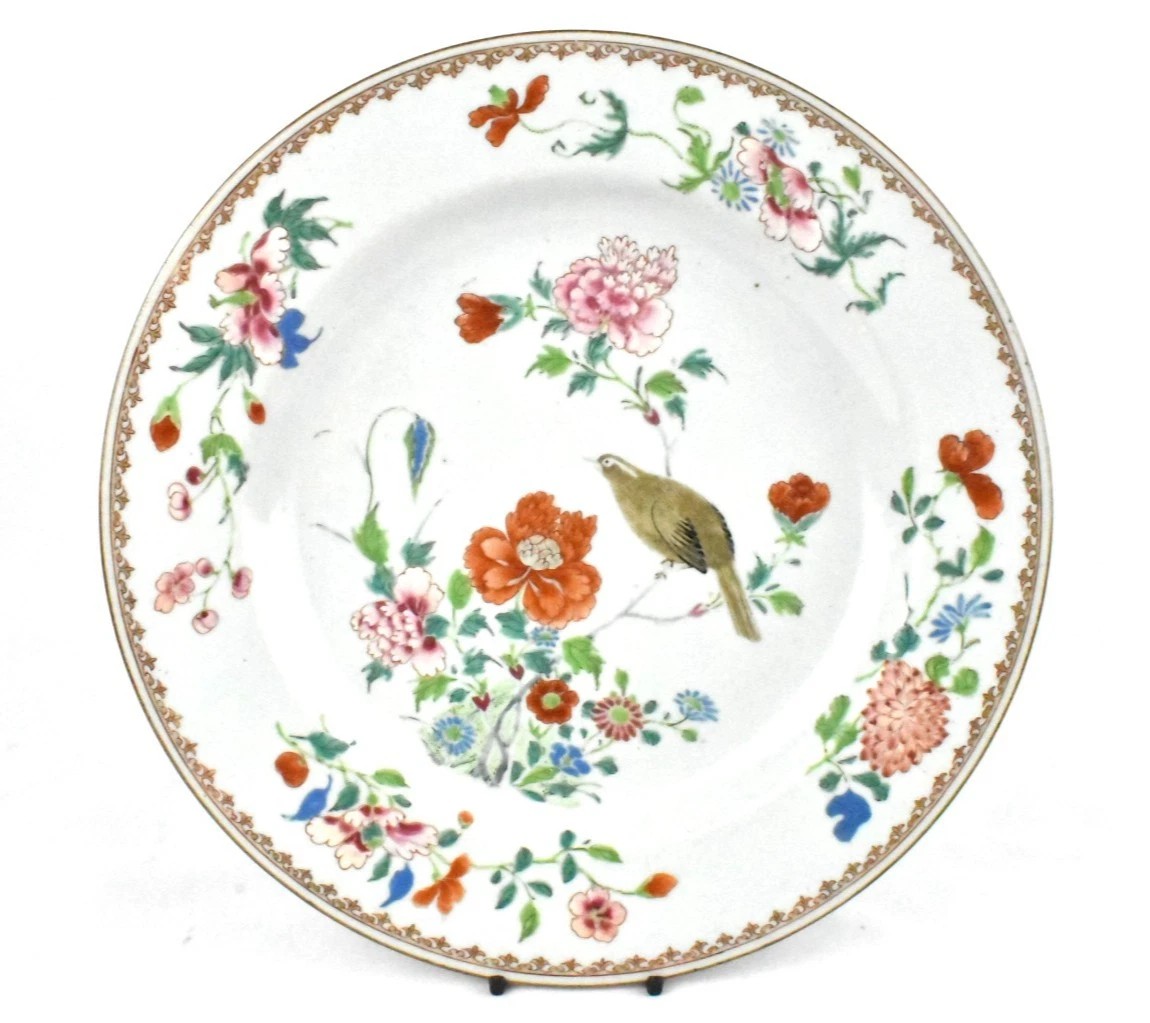 Assiette ancienne chinoise Famille Rose Qing | Motifs oiseaux et fleurs, XVIIIe siècle