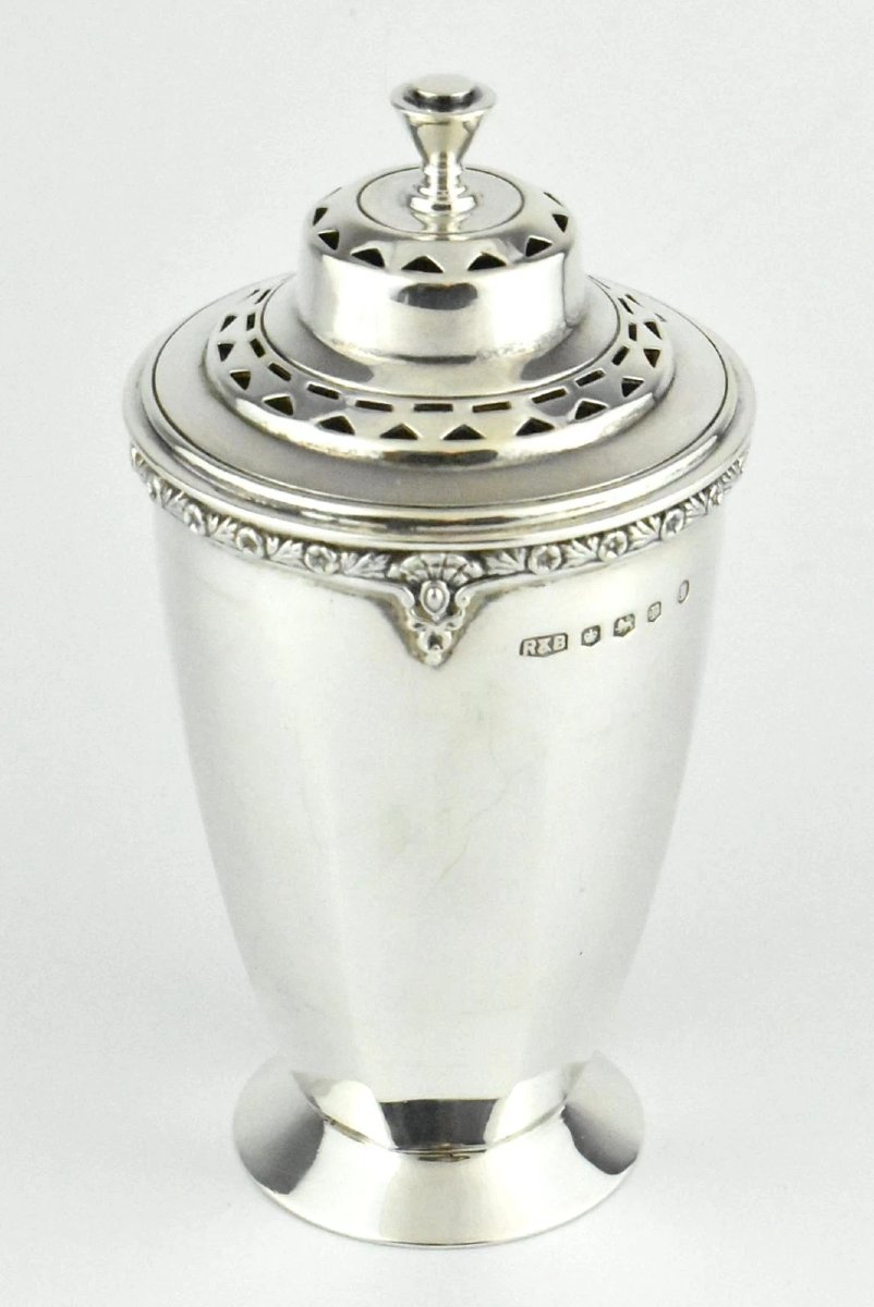 1934 Roberts & Belk Art Deco Solid Silver Polygon Sides Round Top Sugar Shaker-photo-1