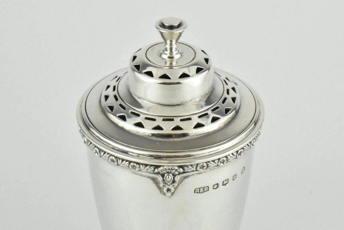 1934 Roberts & Belk Art Deco Solid Silver Polygon Sides Round Top Sugar Shaker-photo-2