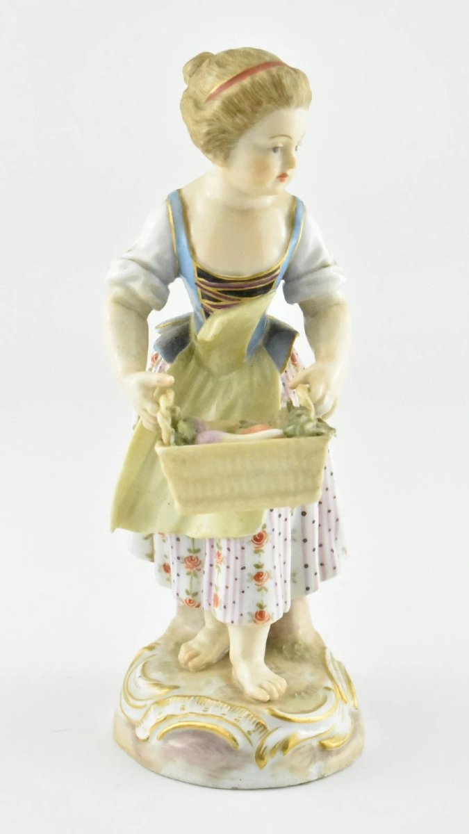 Antique Meissen Porcelain Figurine Of A Girl With Flower Basket-photo-2