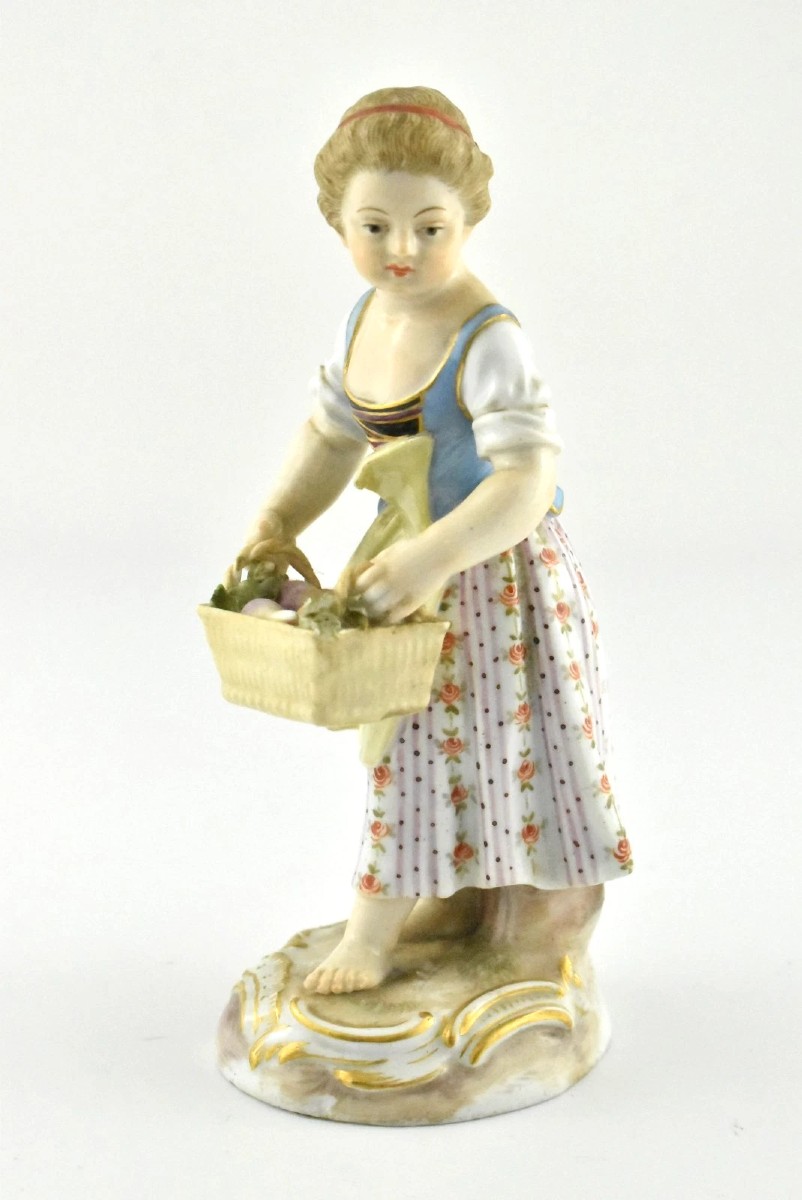 Antique Meissen Porcelain Figurine Of A Girl With Flower Basket