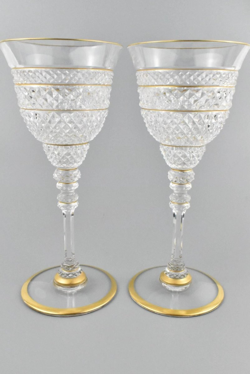 A Pair Of Vintage Saint-louis Extravagance Crystal Wine Glasses / Goblets-photo-3