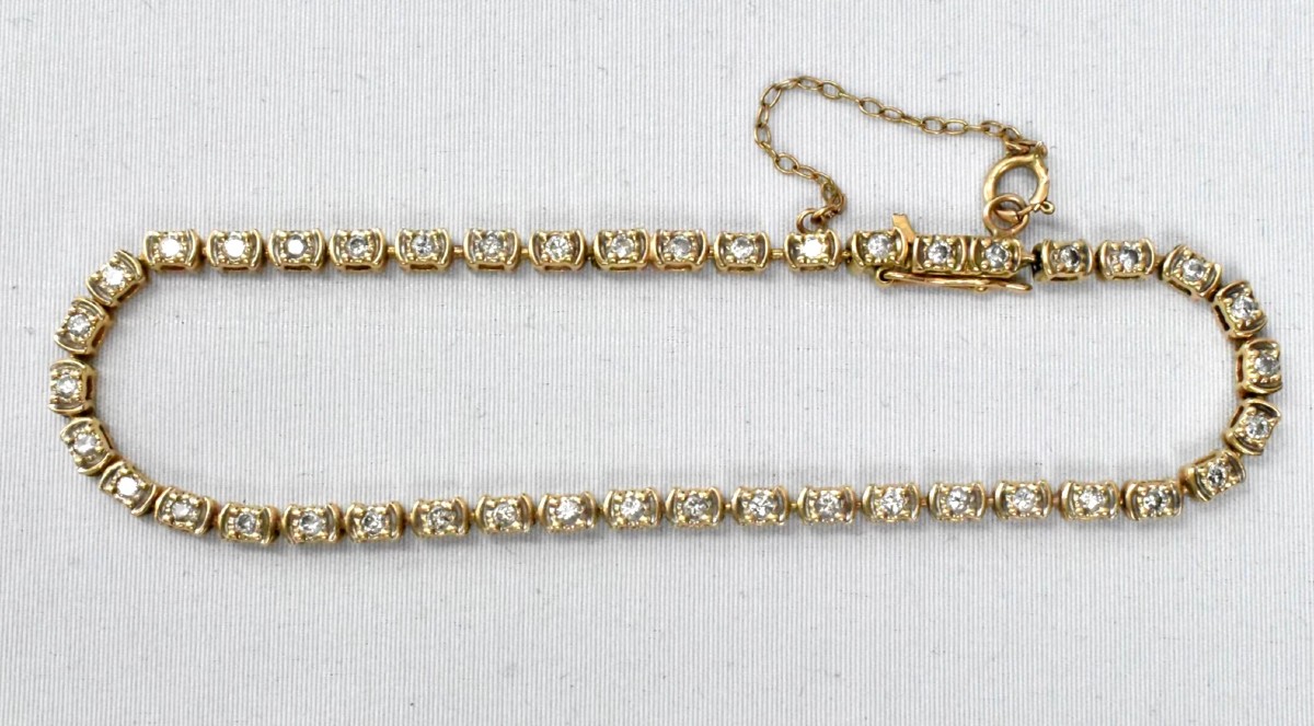 Mid Century 14ct Yellow Gold Set Diamond Flexible 3mm Wide Line Bracelet