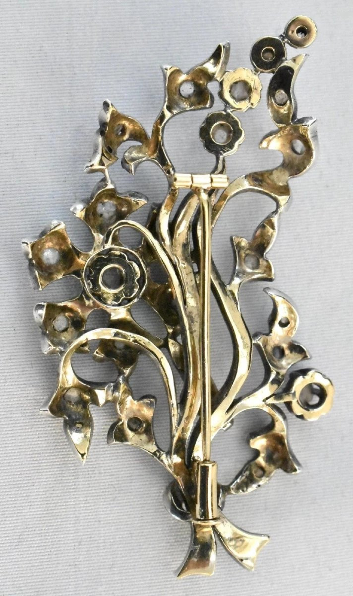 Antique Mid-19th Century French Silver & 18ct Gold Diamond Floral Spray Brooch-photo-3