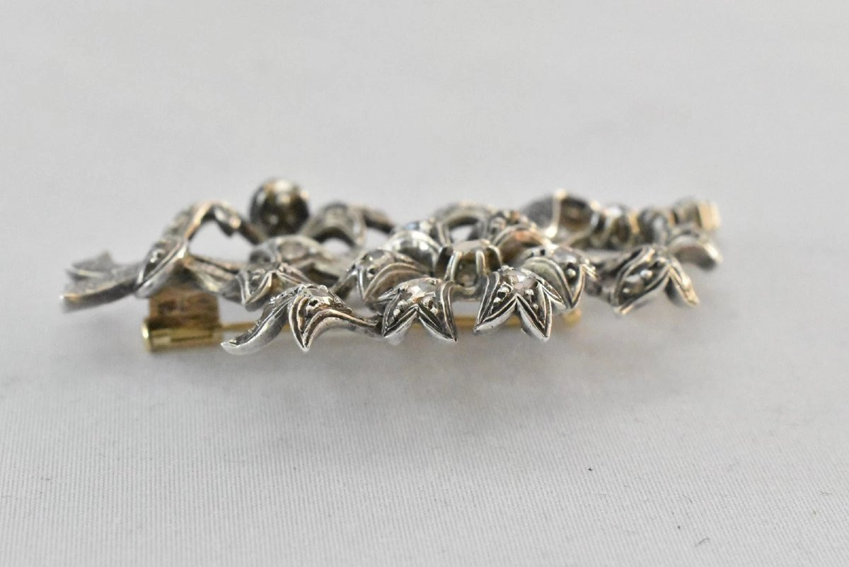Antique Mid-19th Century French Silver & 18ct Gold Diamond Floral Spray Brooch-photo-1