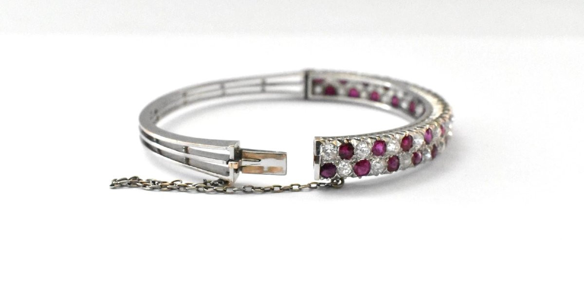 French Belle époque 18ct White Gold 3 Ct Diamond & 4.5 Ct Ruby Bangle Ca 1900-photo-2