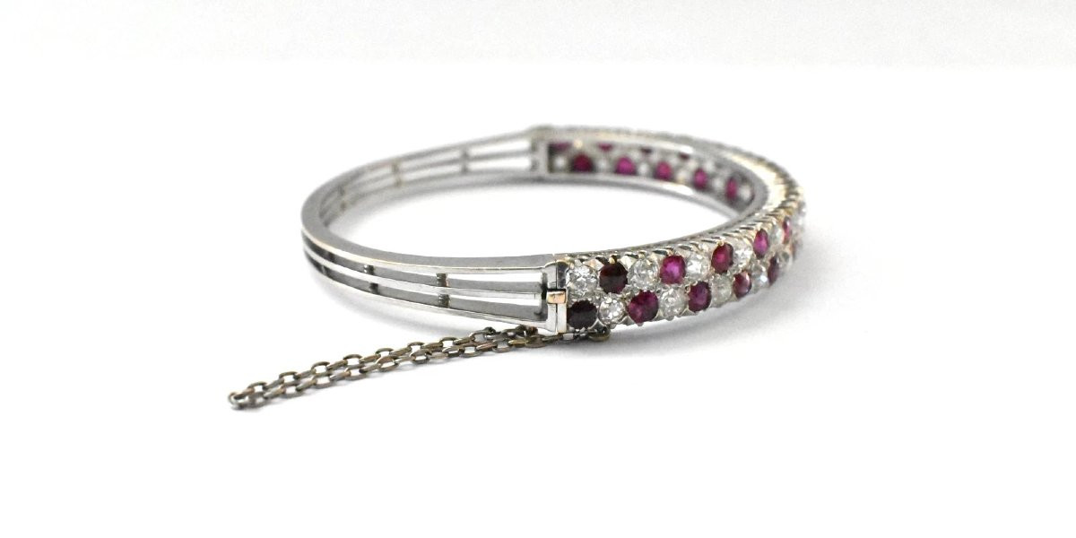 French Belle époque 18ct White Gold 3 Ct Diamond & 4.5 Ct Ruby Bangle Ca 1900-photo-3