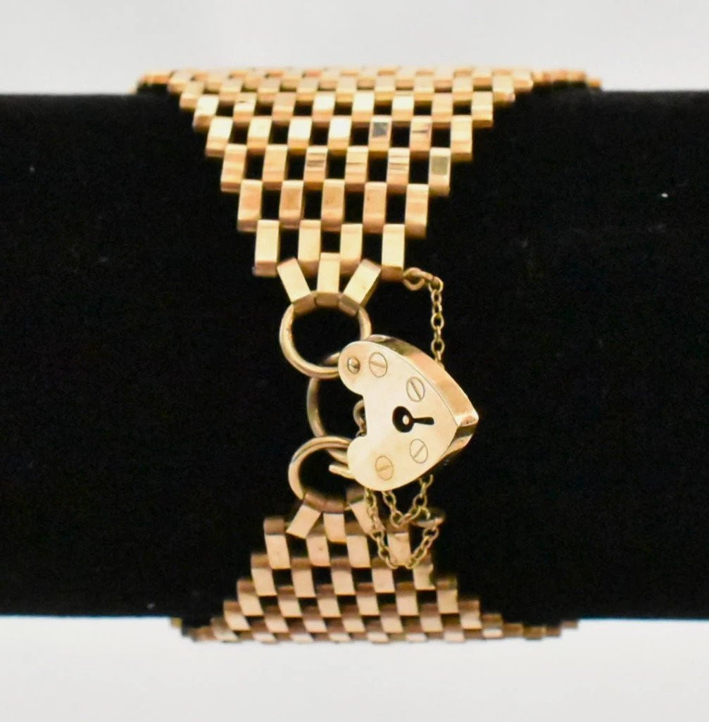 A Rare Vintage Extra Wide 9ct Rose Gold Rc. Co 14 Bar Gate Link Bracelet-photo-3