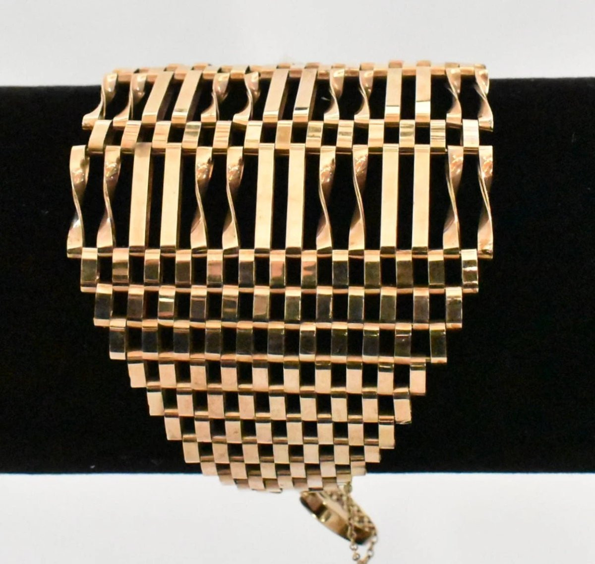 A Rare Vintage Extra Wide 9ct Rose Gold Rc. Co 14 Bar Gate Link Bracelet-photo-4