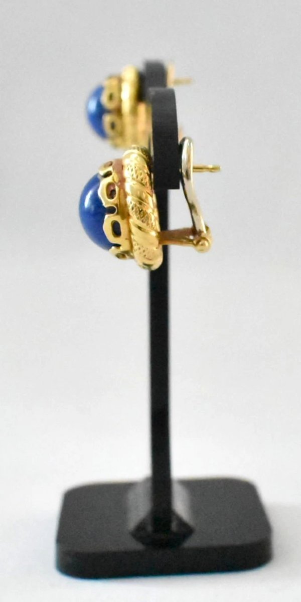 Vintage Mid Century Pair Of Heavy 18ct (750) Gold & Lapis Lazuli Round Earrings-photo-3
