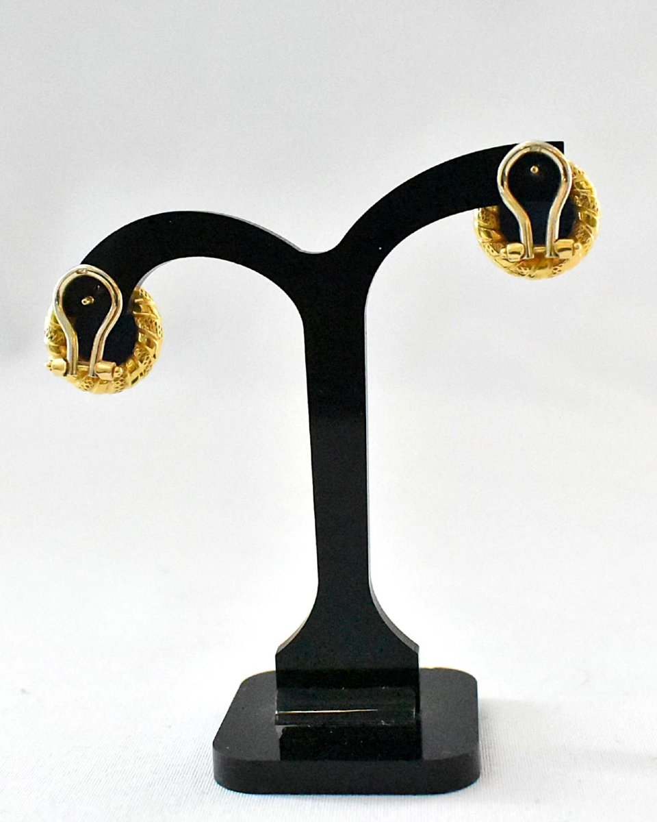 Vintage Mid Century Pair Of Heavy 18ct (750) Gold & Lapis Lazuli Round Earrings-photo-4