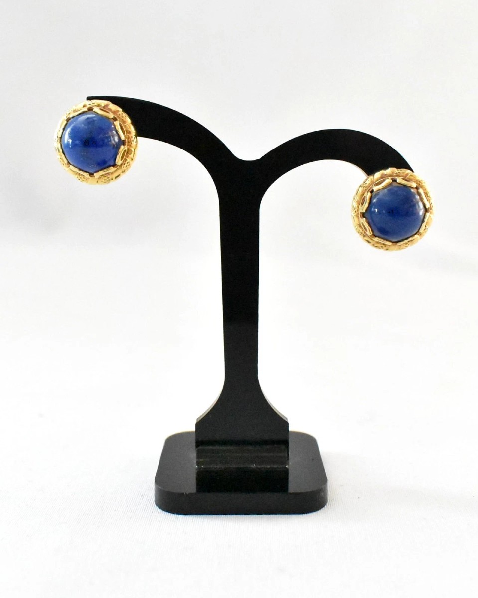 Vintage Mid Century Pair Of Heavy 18ct (750) Gold & Lapis Lazuli Round Earrings