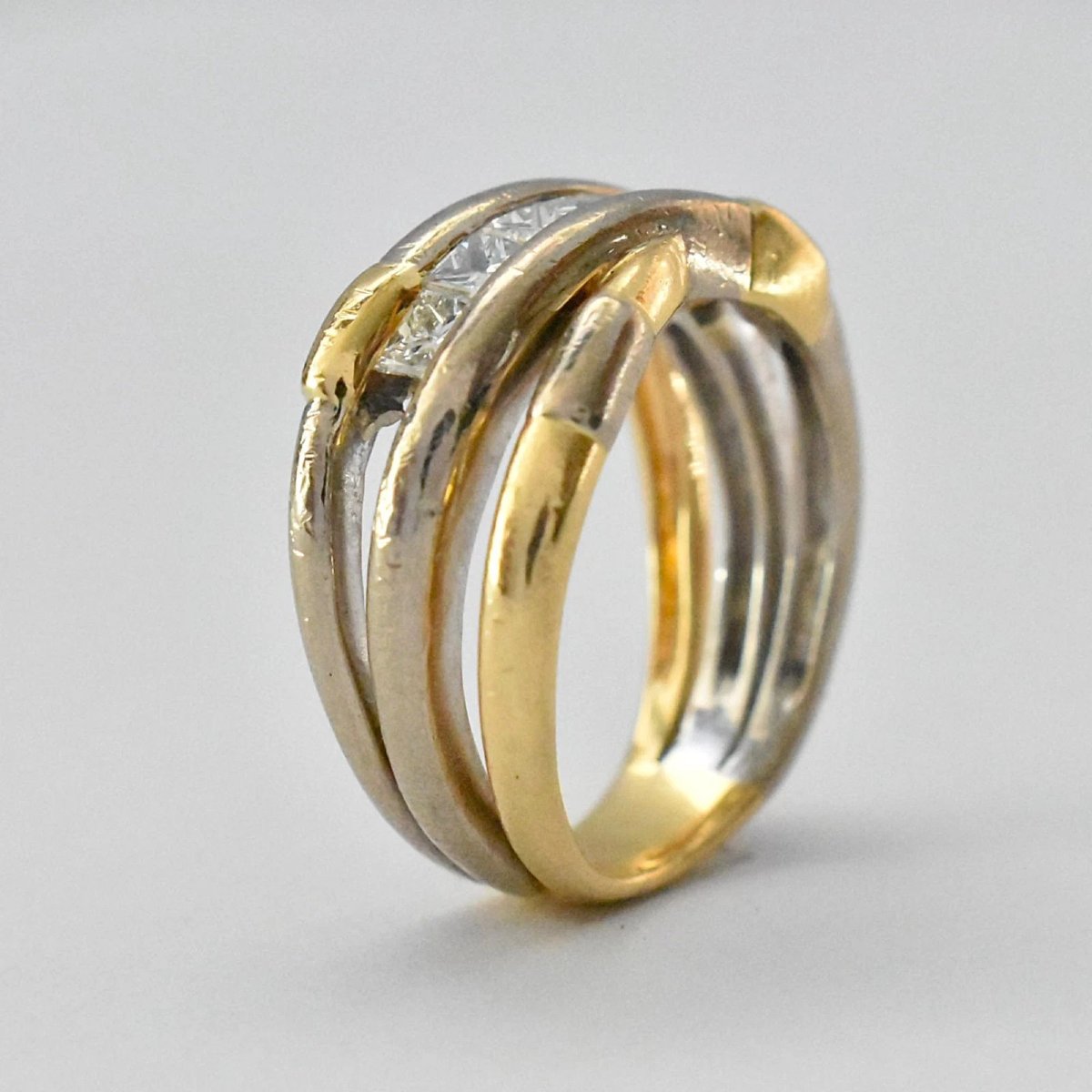 Vintage Yellow & White 18ct Gold 6 Stone Square Cut Diamond Crossover Ring-photo-3